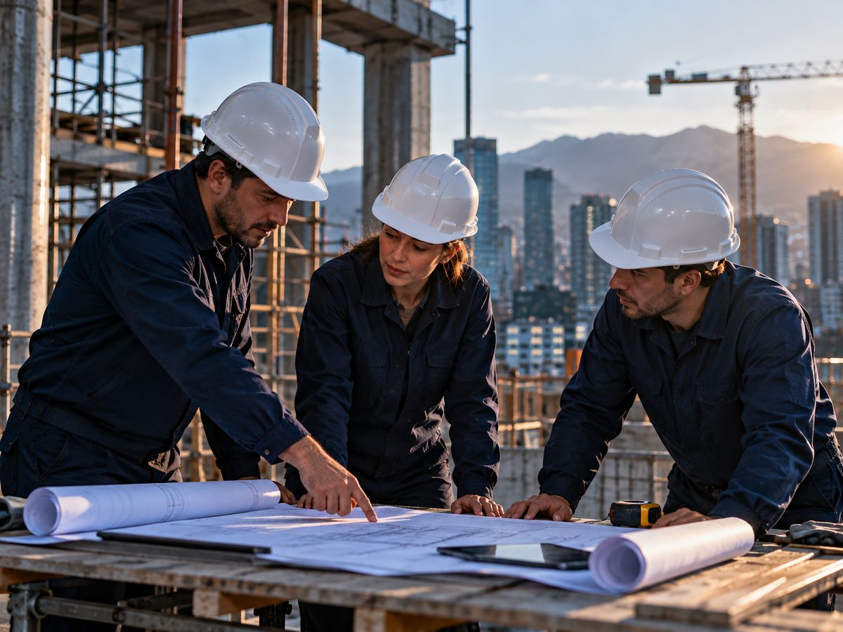 Equipo de millersv revisando un plano en terreno